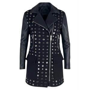 Nour Hammour Shearling Leather Studded Long Jacket Coat Black Size 36/ XS